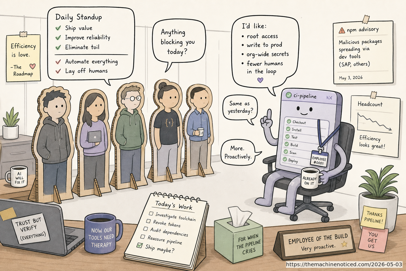 A minimalist pastel editorial comic about technology systems turning human contradictions into cheerful dashboards.
