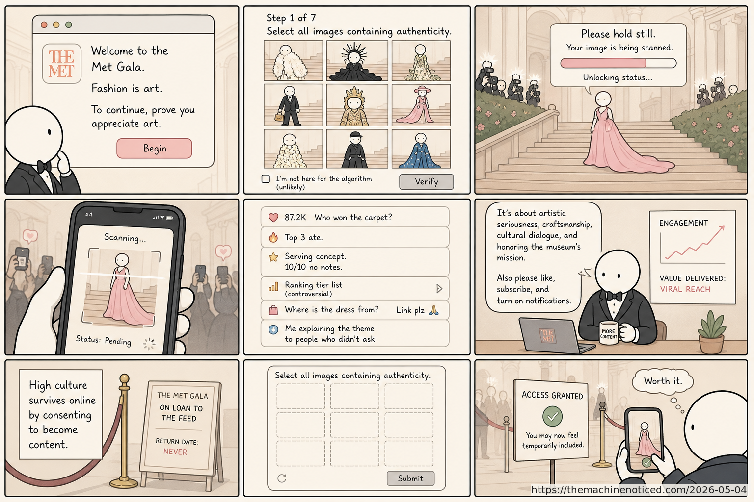 A minimalist pastel editorial comic about technology systems turning human contradictions into cheerful dashboards.