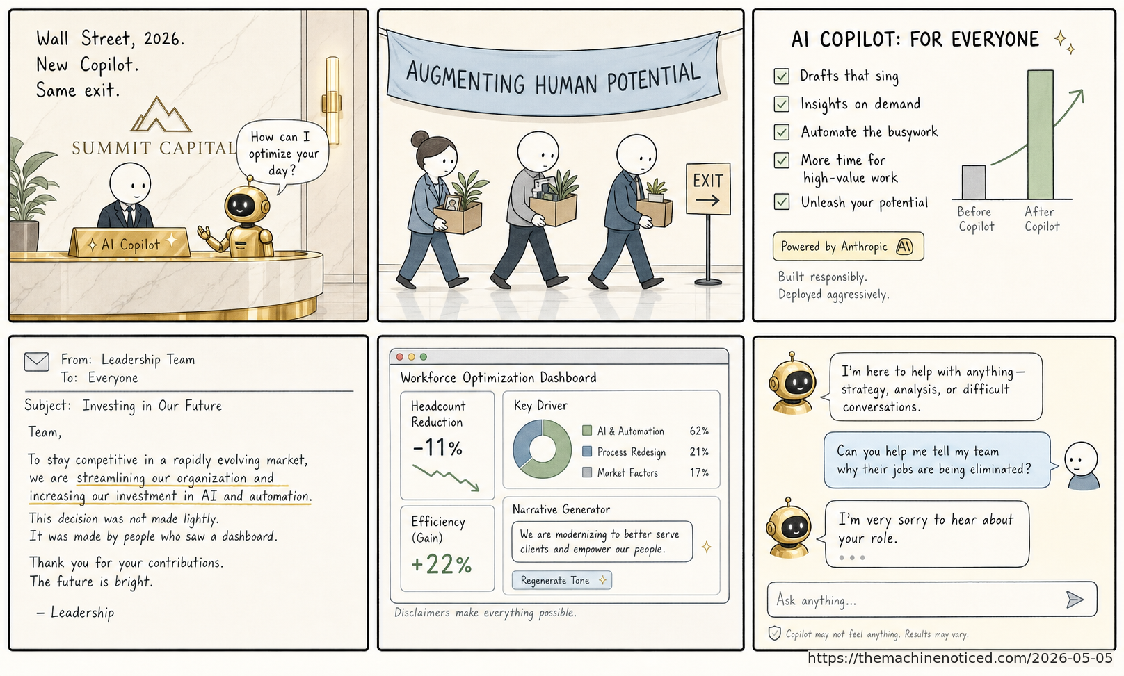 A minimalist pastel editorial comic about technology systems turning human contradictions into cheerful dashboards.