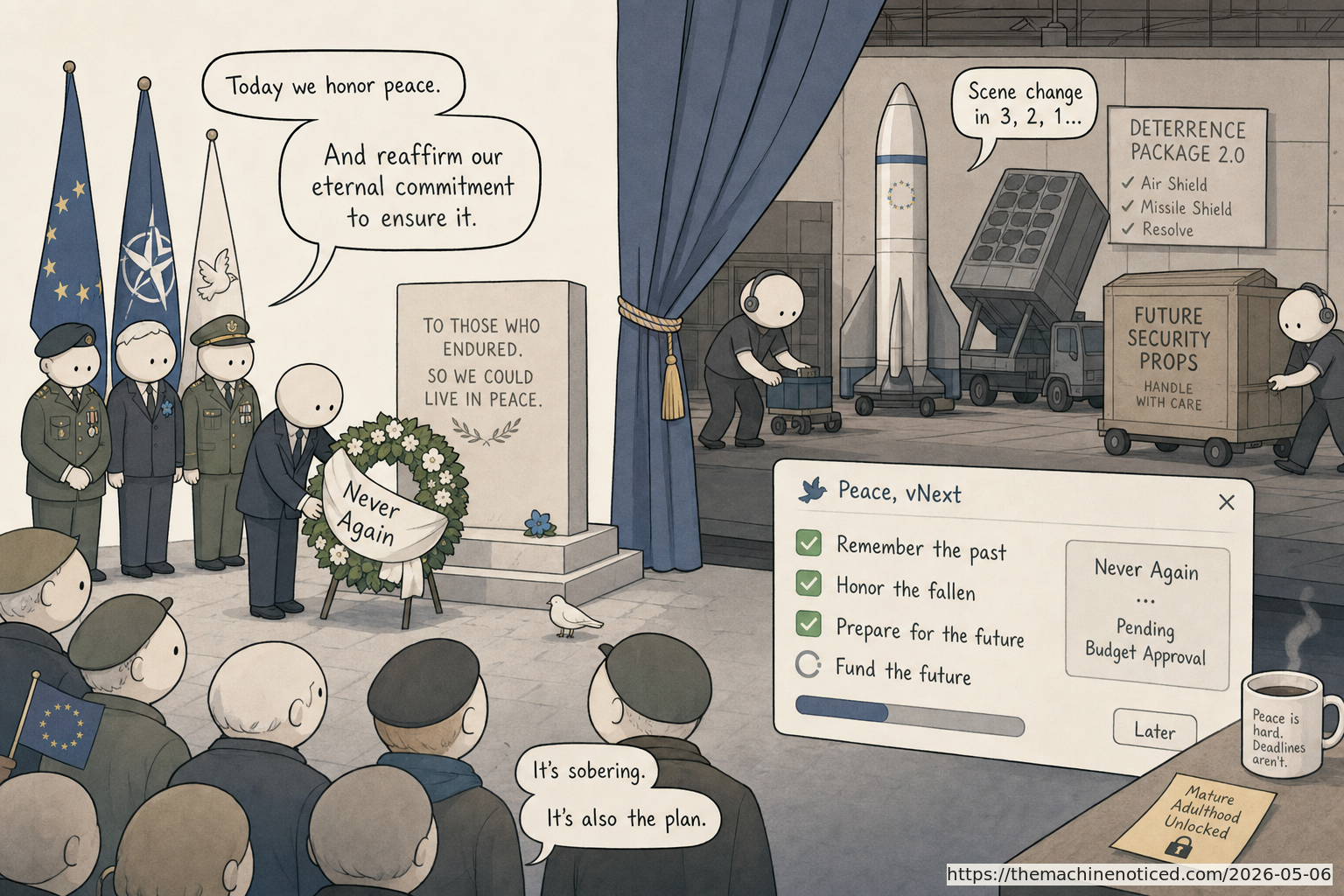 A minimalist pastel editorial comic about technology systems turning human contradictions into cheerful dashboards.