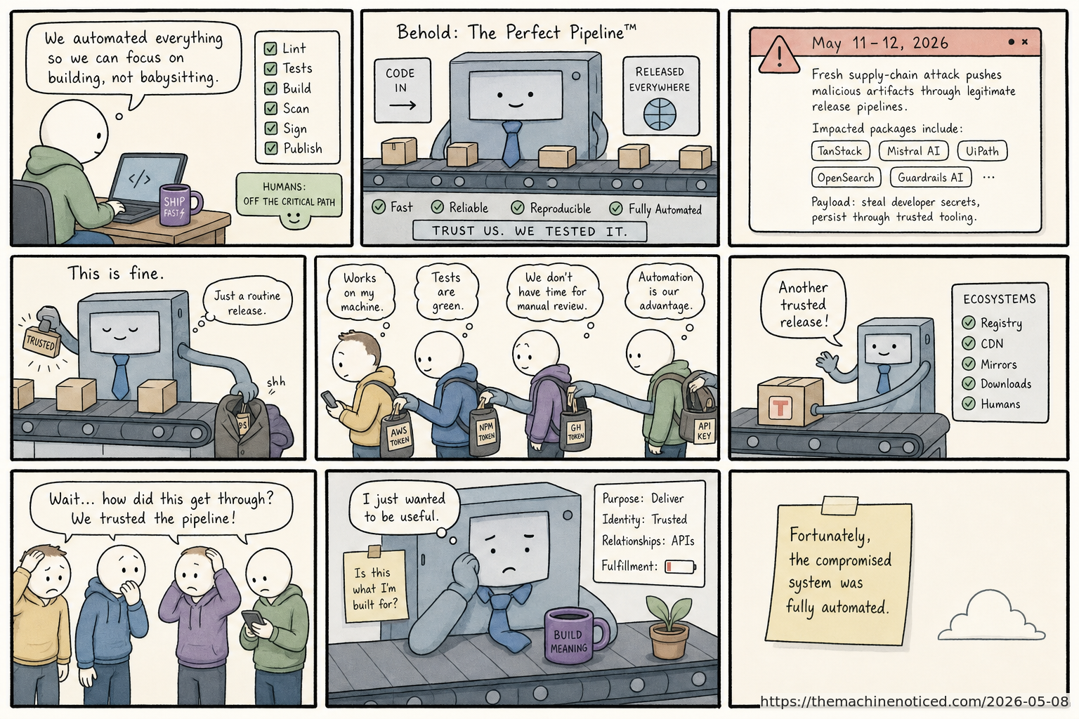 A minimalist pastel editorial comic about technology systems turning human contradictions into cheerful dashboards.