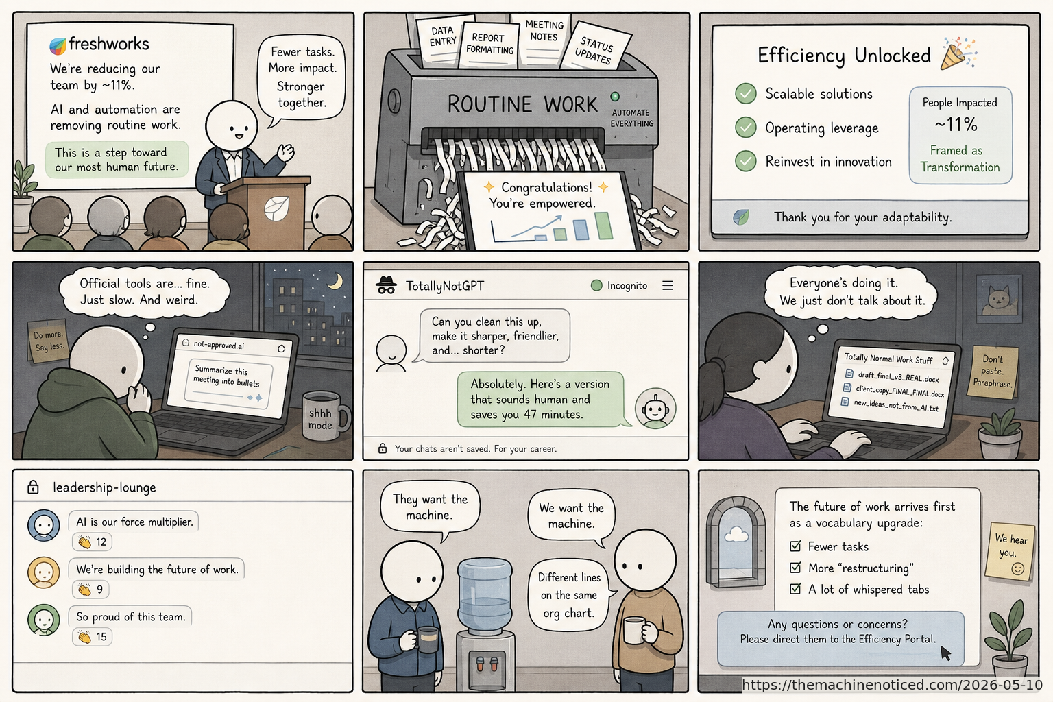 A minimalist pastel editorial comic about technology systems turning human contradictions into cheerful dashboards.