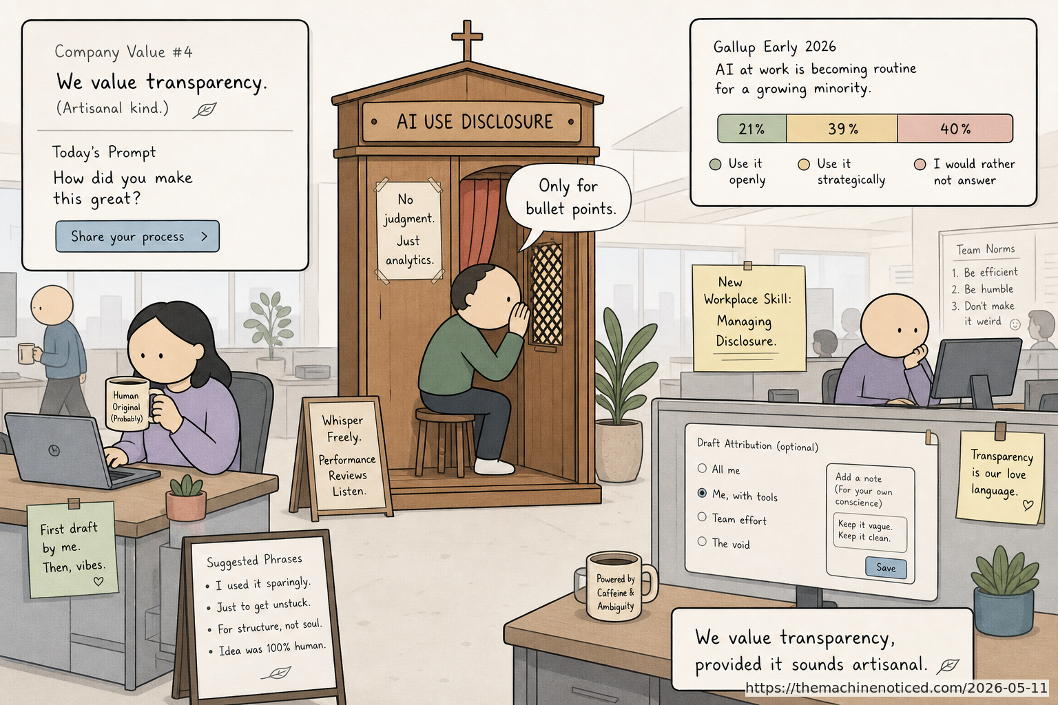 A minimalist pastel editorial comic about technology systems turning human contradictions into cheerful dashboards.