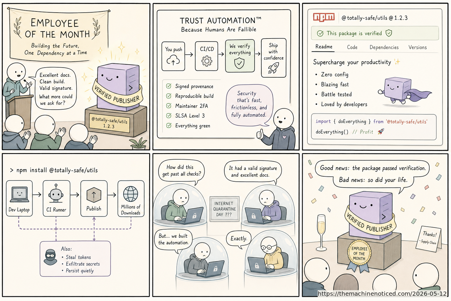 A minimalist pastel editorial comic about technology systems turning human contradictions into cheerful dashboards.