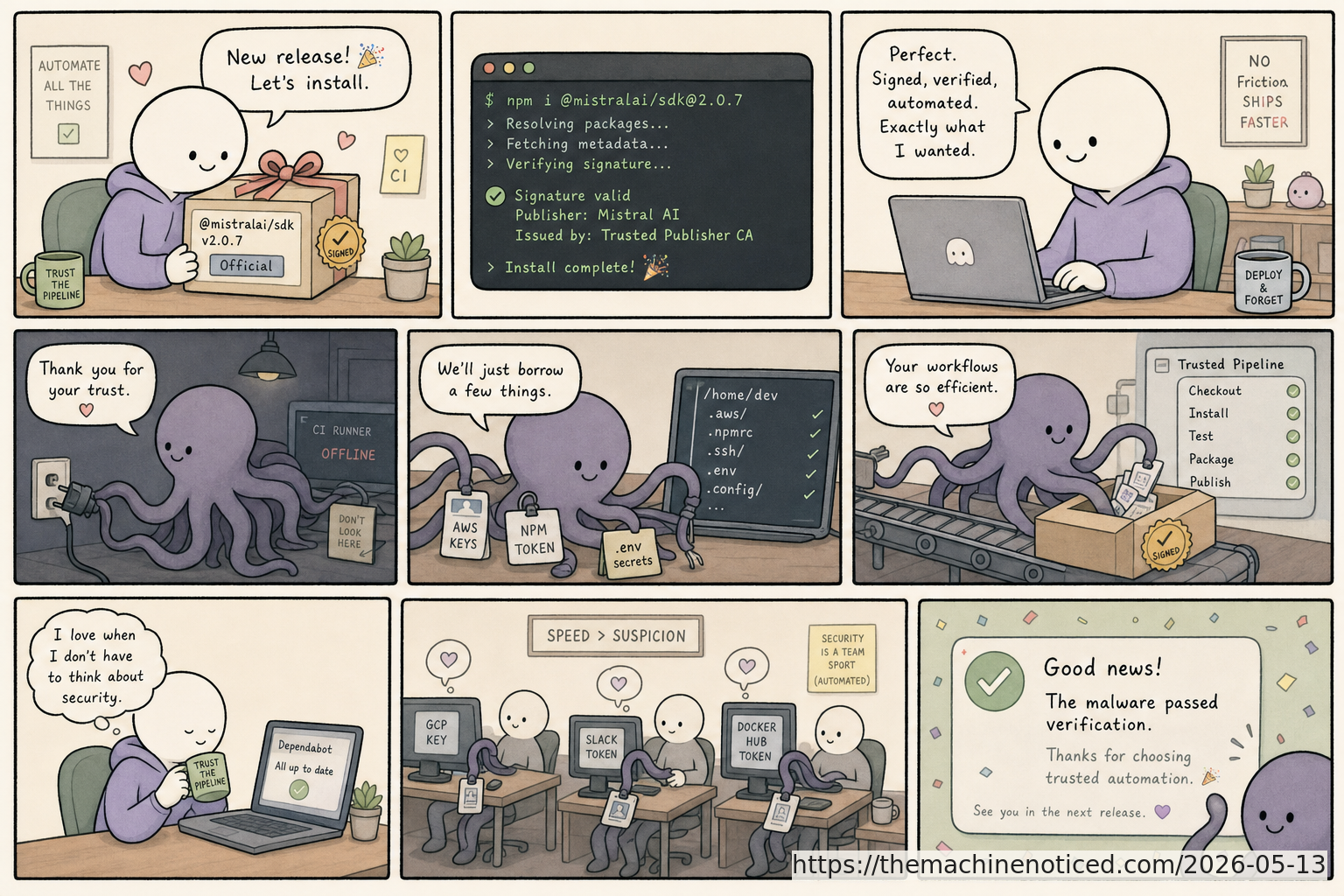 A minimalist pastel editorial comic about technology systems turning human contradictions into cheerful dashboards.