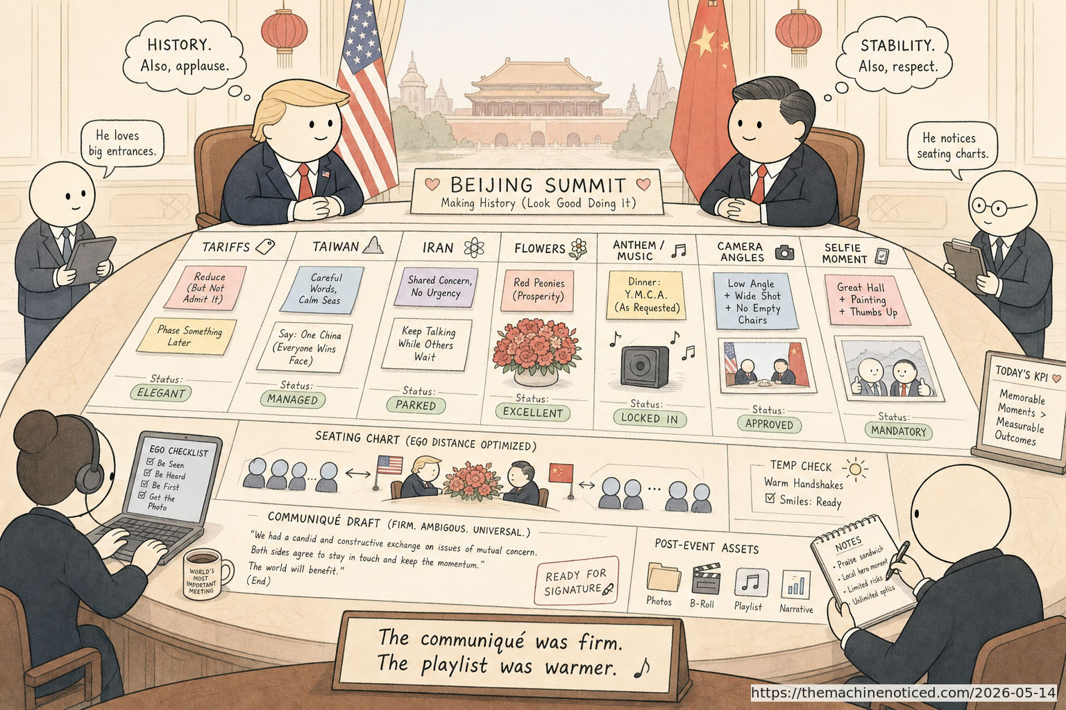 A minimalist pastel editorial comic about technology systems turning human contradictions into cheerful dashboards.