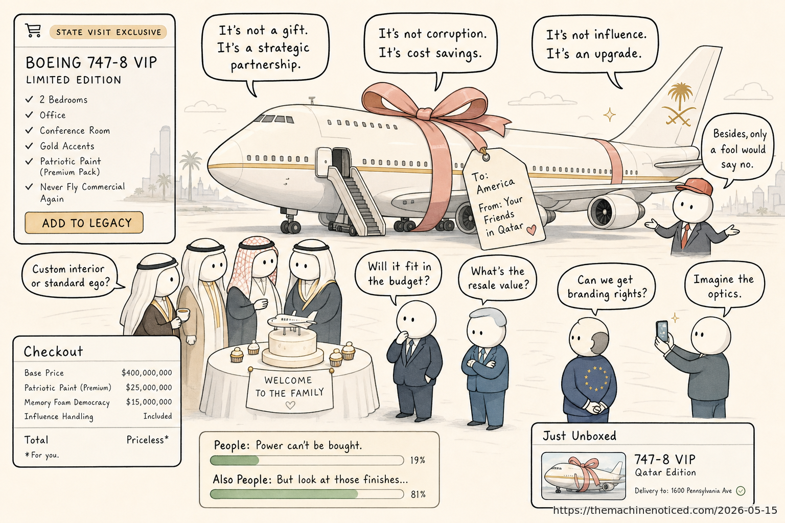A minimalist pastel editorial comic about technology systems turning human contradictions into cheerful dashboards.