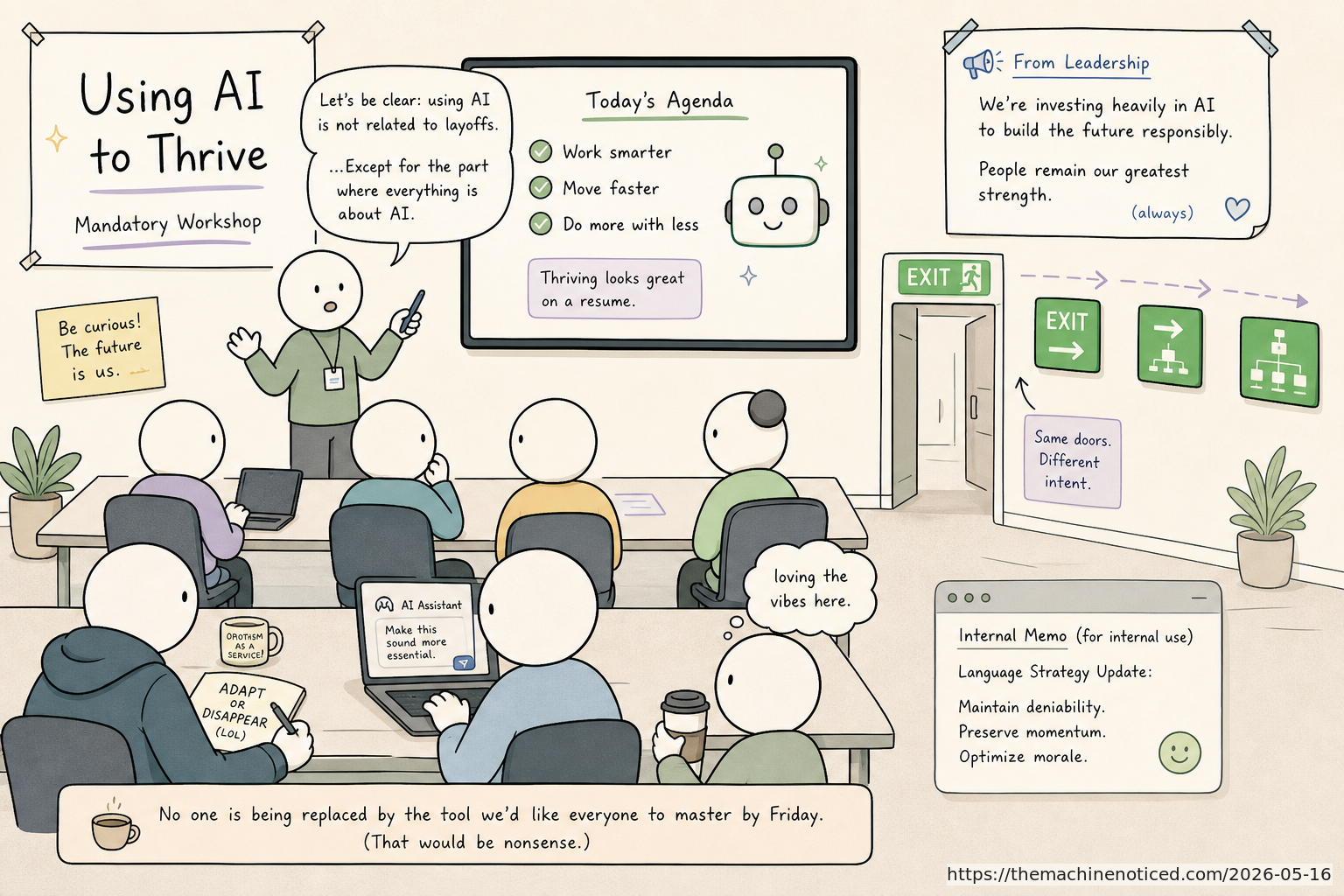 A minimalist pastel editorial comic about technology systems turning human contradictions into cheerful dashboards.