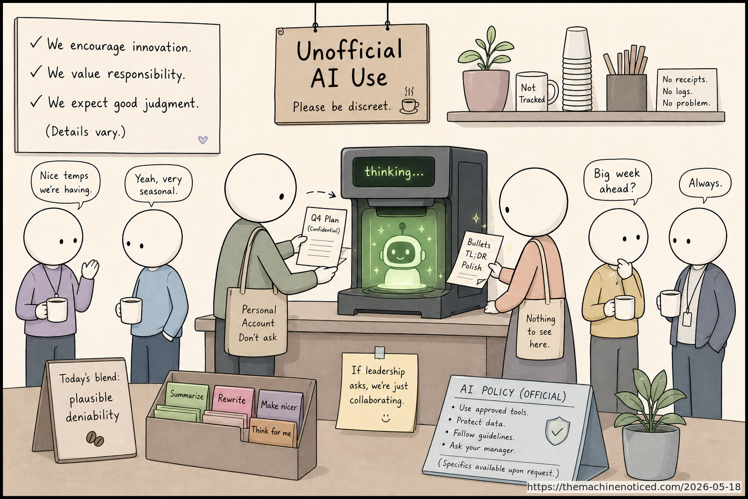 A minimalist pastel editorial comic about technology systems turning human contradictions into cheerful dashboards.