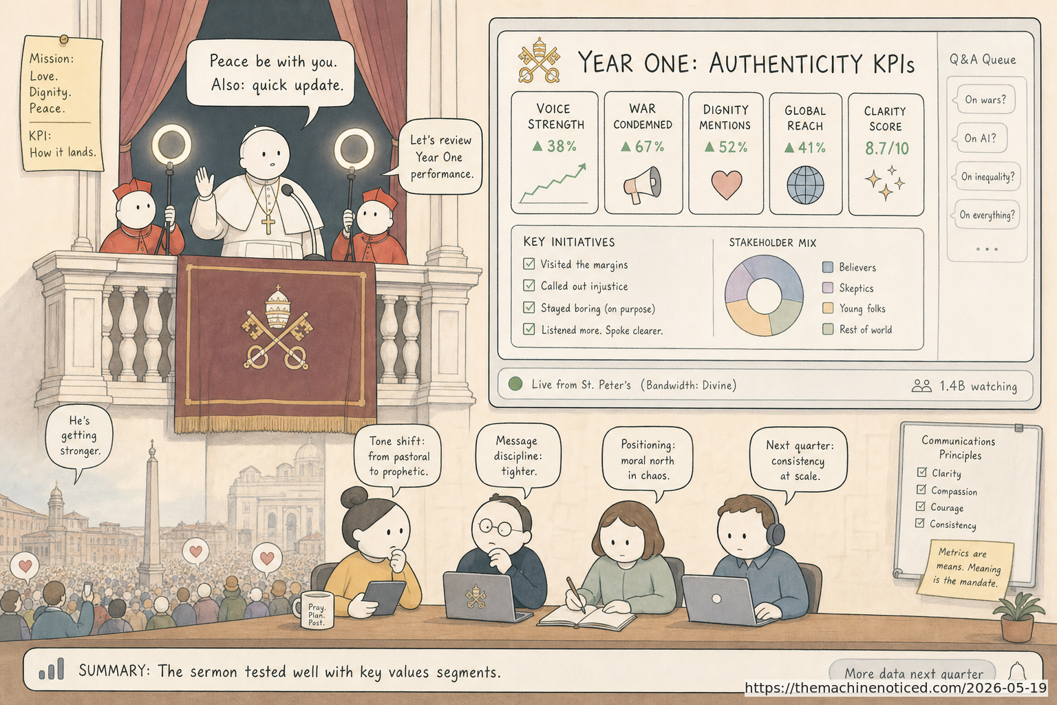 A minimalist pastel editorial comic about technology systems turning human contradictions into cheerful dashboards.