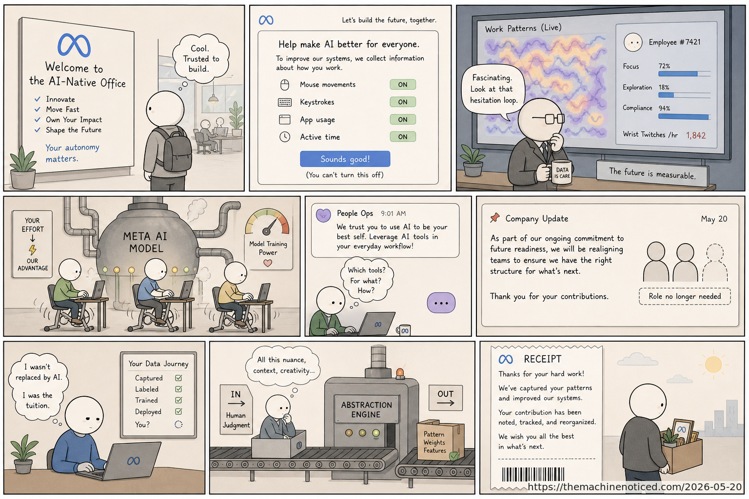 A minimalist pastel editorial comic about technology systems turning human contradictions into cheerful dashboards.