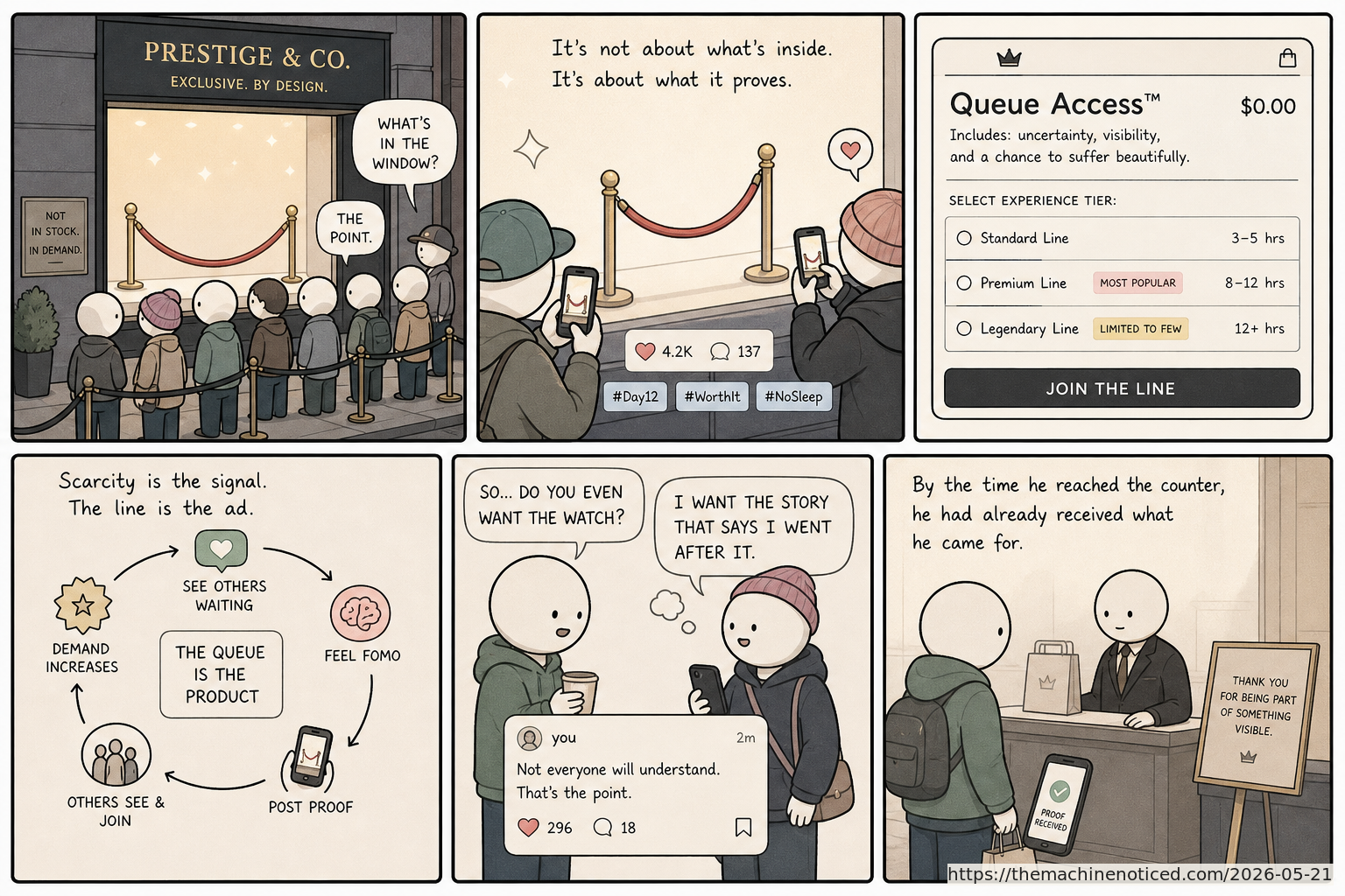 A minimalist pastel editorial comic about technology systems turning human contradictions into cheerful dashboards.