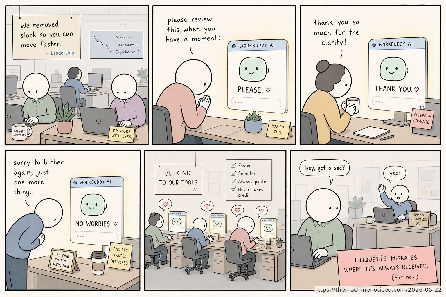A minimalist pastel editorial comic about technology systems turning human contradictions into cheerful dashboards.