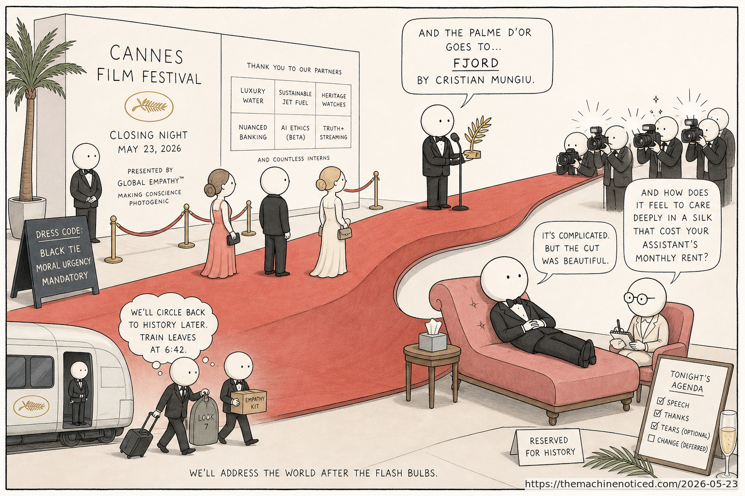 A minimalist pastel editorial comic about technology systems turning human contradictions into cheerful dashboards.
