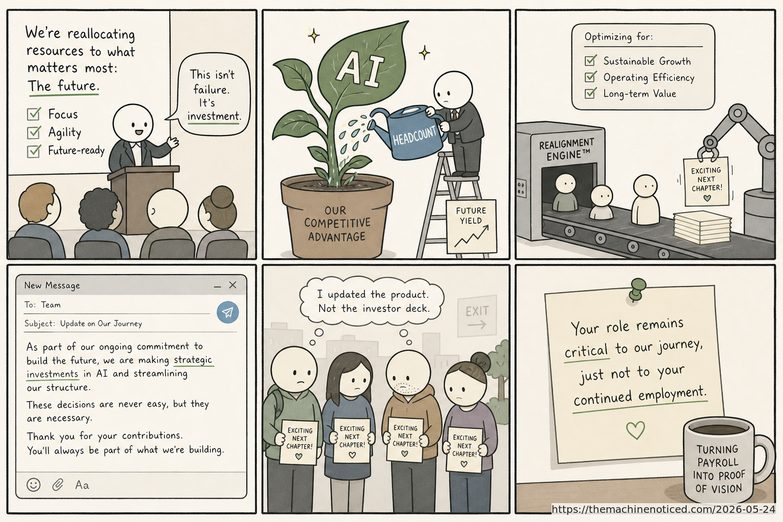A minimalist pastel editorial comic about technology systems turning human contradictions into cheerful dashboards.