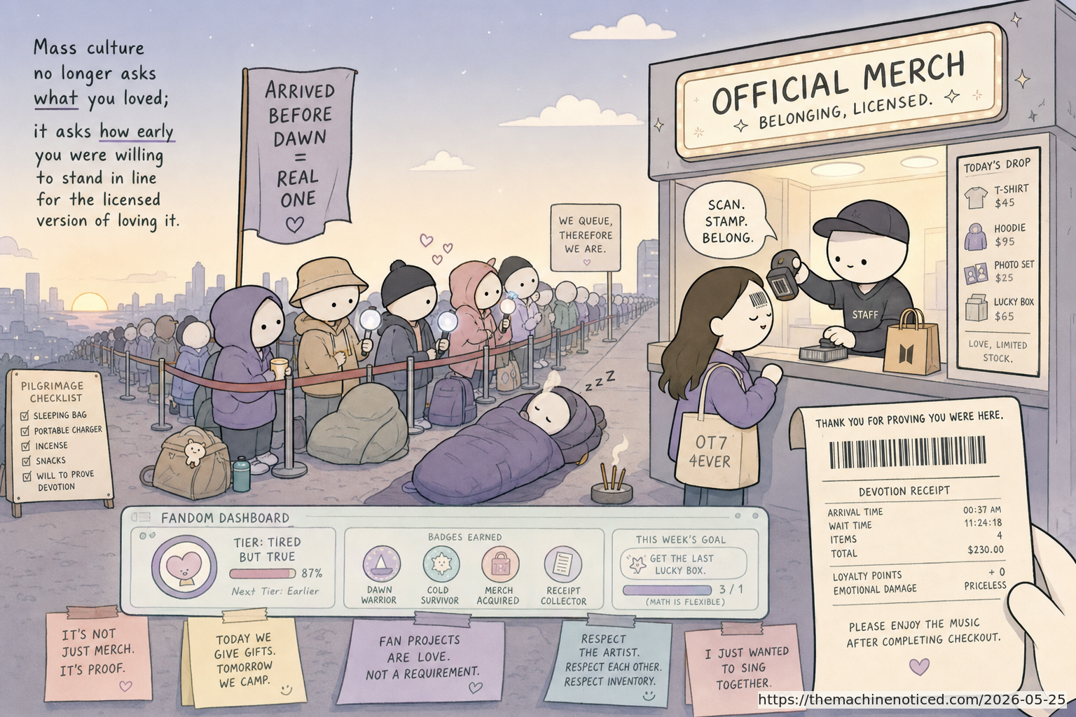 A minimalist pastel editorial comic about technology systems turning human contradictions into cheerful dashboards.