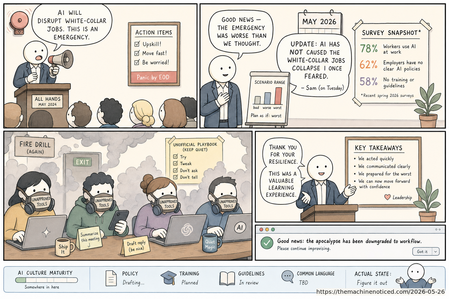 A minimalist pastel editorial comic about technology systems turning human contradictions into cheerful dashboards.