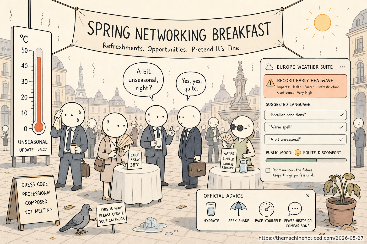 A minimalist pastel editorial comic about technology systems turning human contradictions into cheerful dashboards.