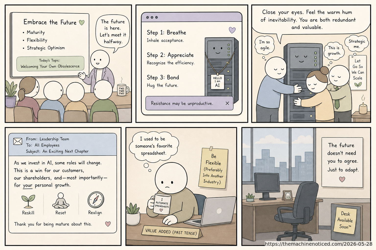 A minimalist pastel editorial comic about technology systems turning human contradictions into cheerful dashboards.