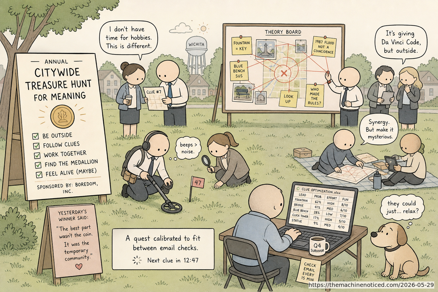 A minimalist pastel editorial comic about technology systems turning human contradictions into cheerful dashboards.