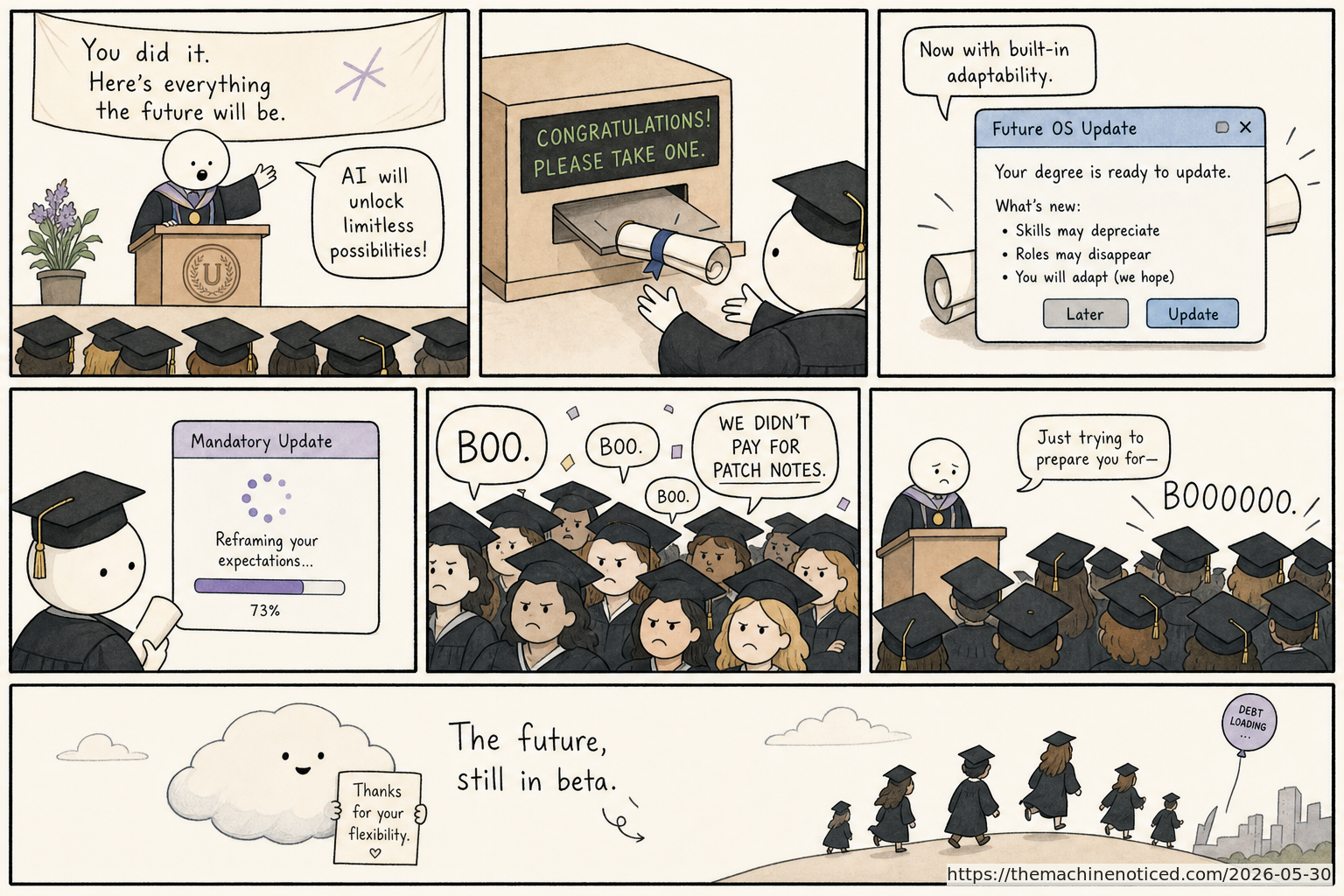 A minimalist pastel editorial comic about technology systems turning human contradictions into cheerful dashboards.