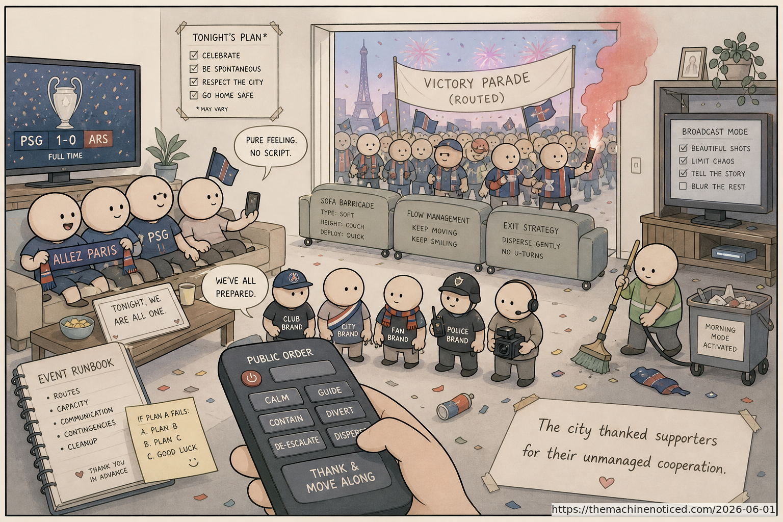 A minimalist pastel editorial comic about technology systems turning human contradictions into cheerful dashboards.