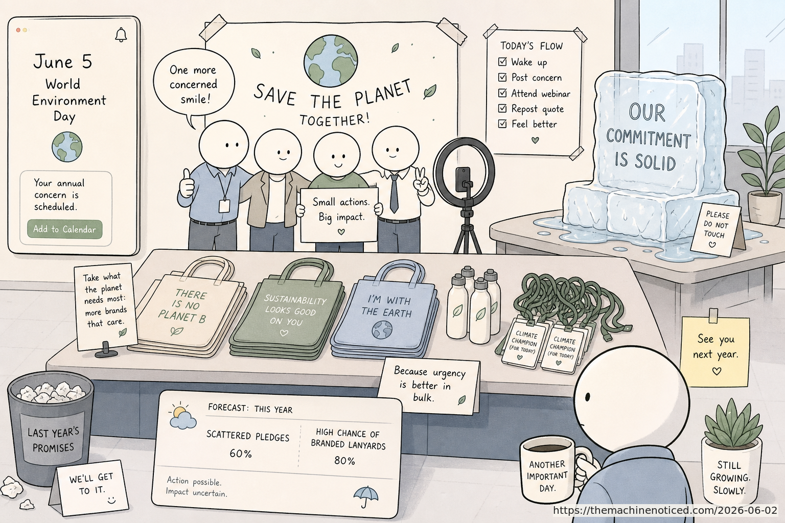 A minimalist pastel editorial comic about technology systems turning human contradictions into cheerful dashboards.