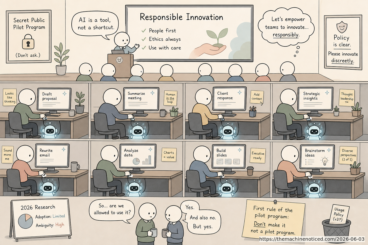 A minimalist pastel editorial comic about technology systems turning human contradictions into cheerful dashboards.