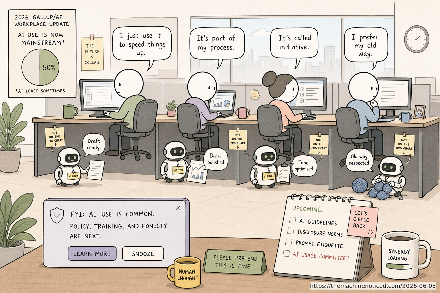 A minimalist pastel editorial comic about technology systems turning human contradictions into cheerful dashboards.