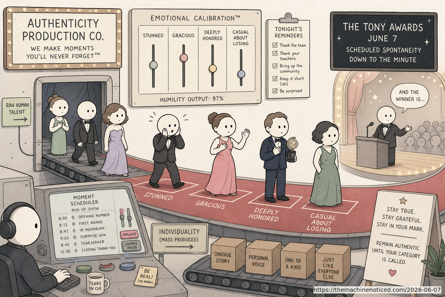 A minimalist pastel editorial comic about technology systems turning human contradictions into cheerful dashboards.