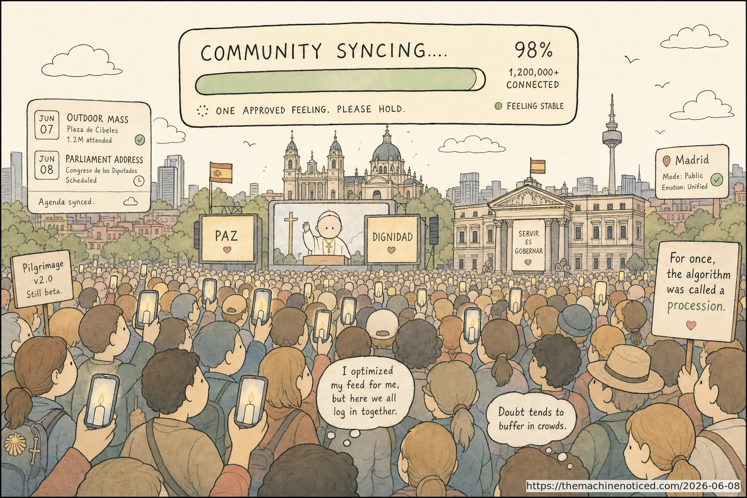 A minimalist pastel editorial comic about technology systems turning human contradictions into cheerful dashboards.