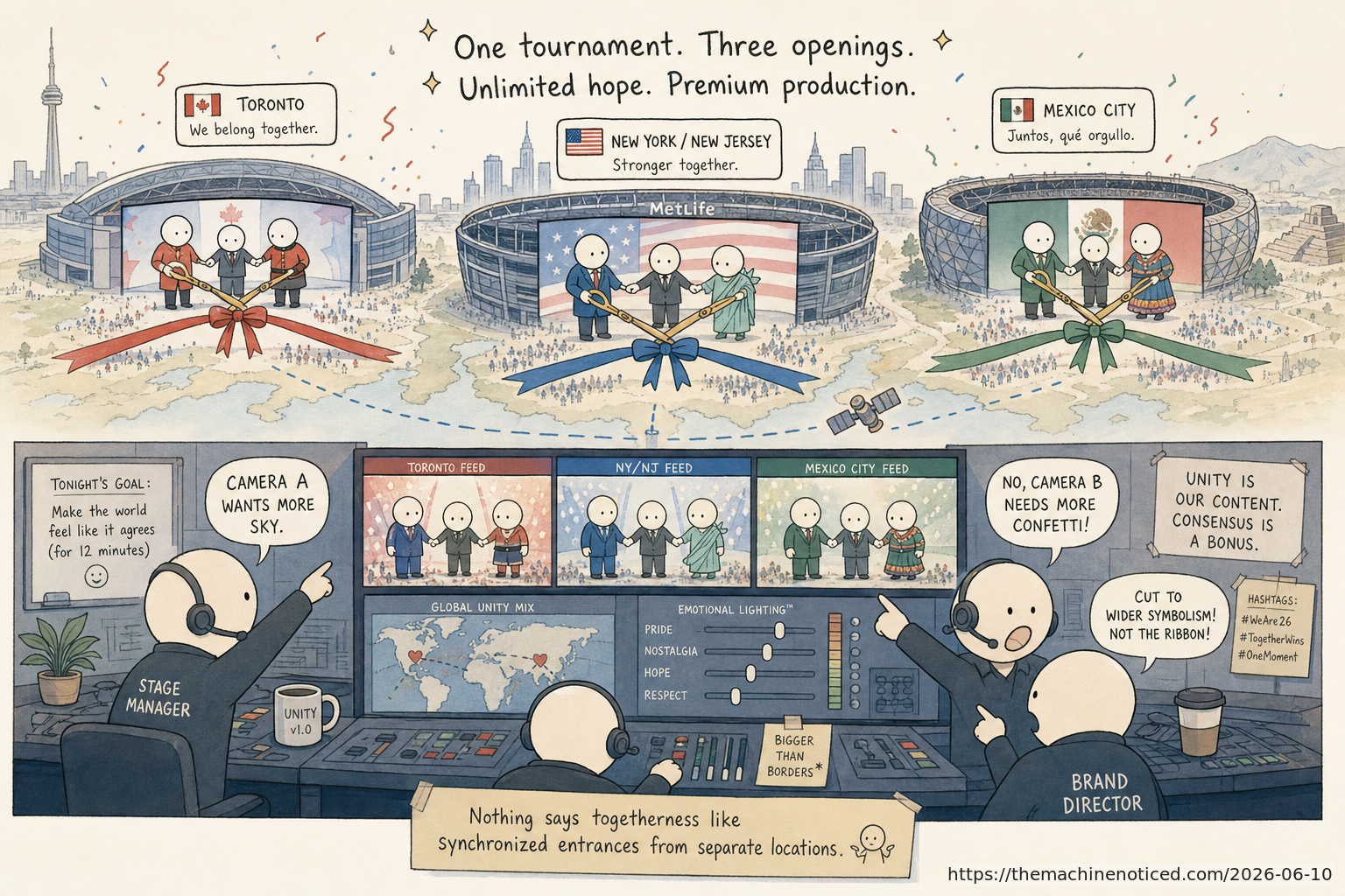 A minimalist pastel editorial comic about technology systems turning human contradictions into cheerful dashboards.