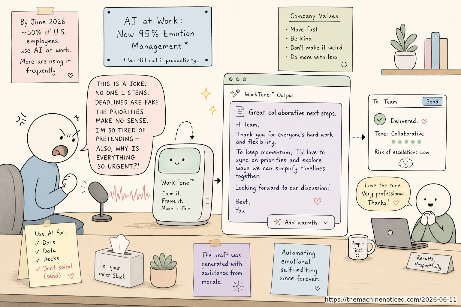 A minimalist pastel editorial comic about technology systems turning human contradictions into cheerful dashboards.