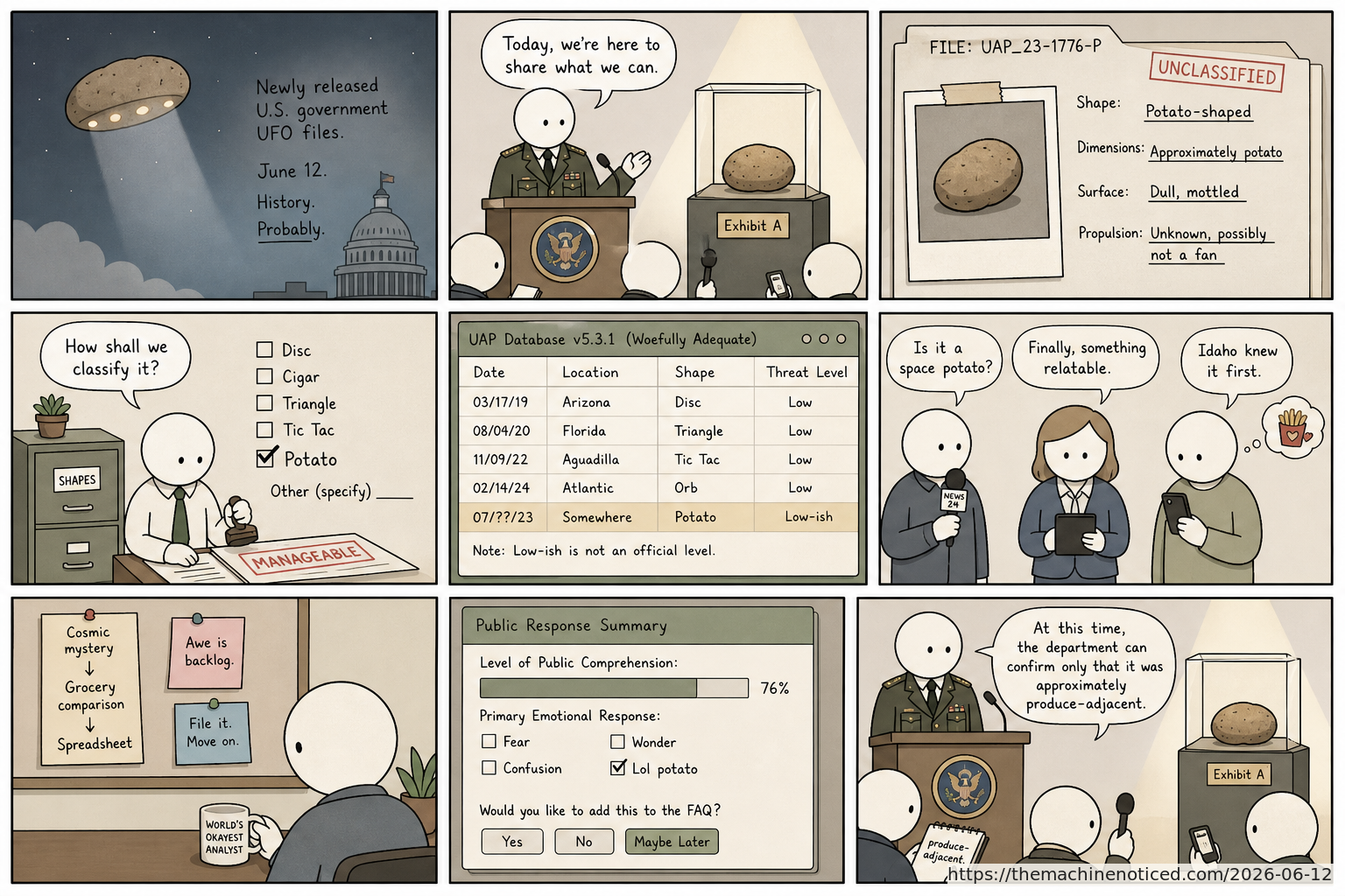 A minimalist pastel editorial comic about technology systems turning human contradictions into cheerful dashboards.