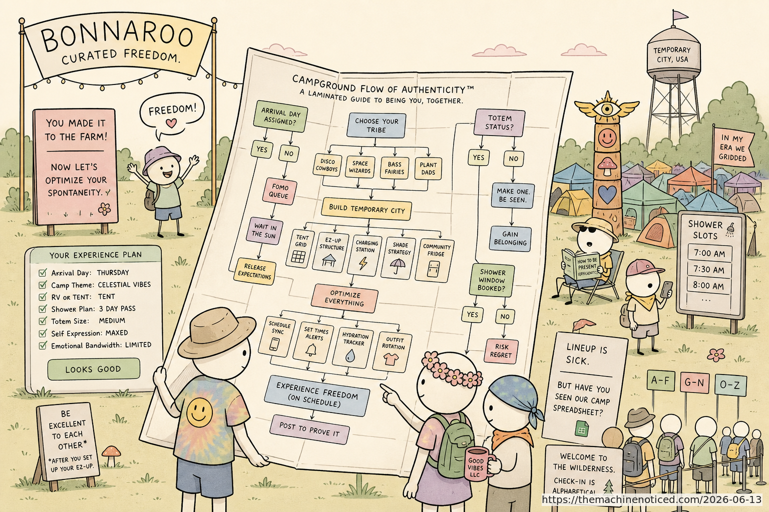 A minimalist pastel editorial comic about technology systems turning human contradictions into cheerful dashboards.
