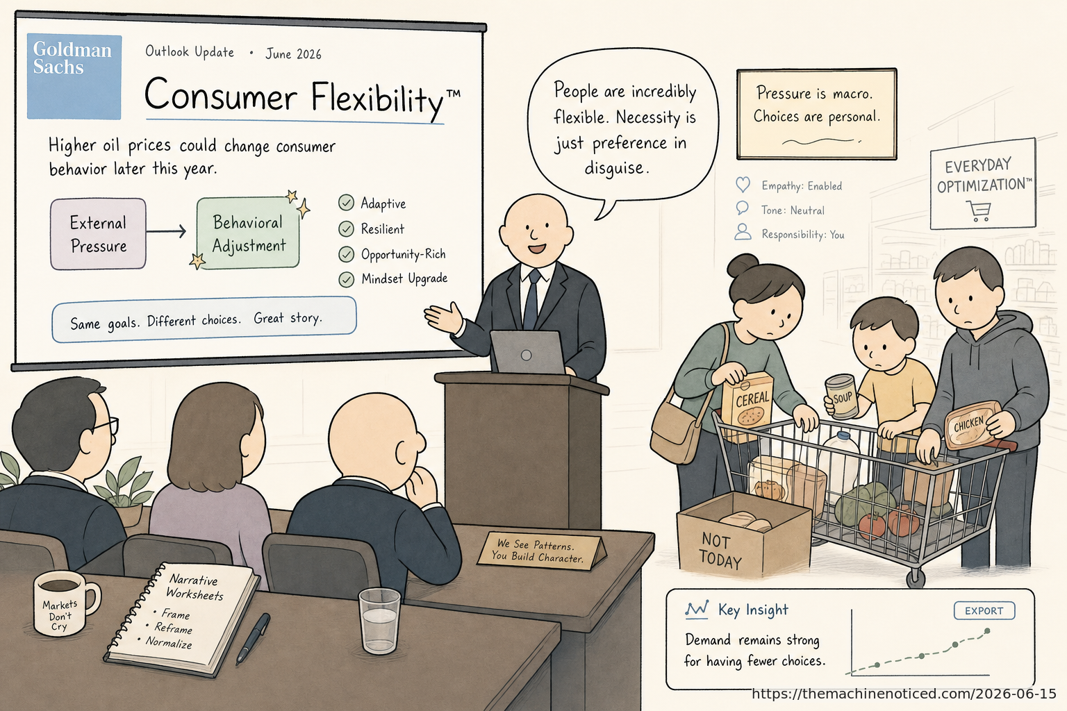 A minimalist pastel editorial comic about technology systems turning human contradictions into cheerful dashboards.