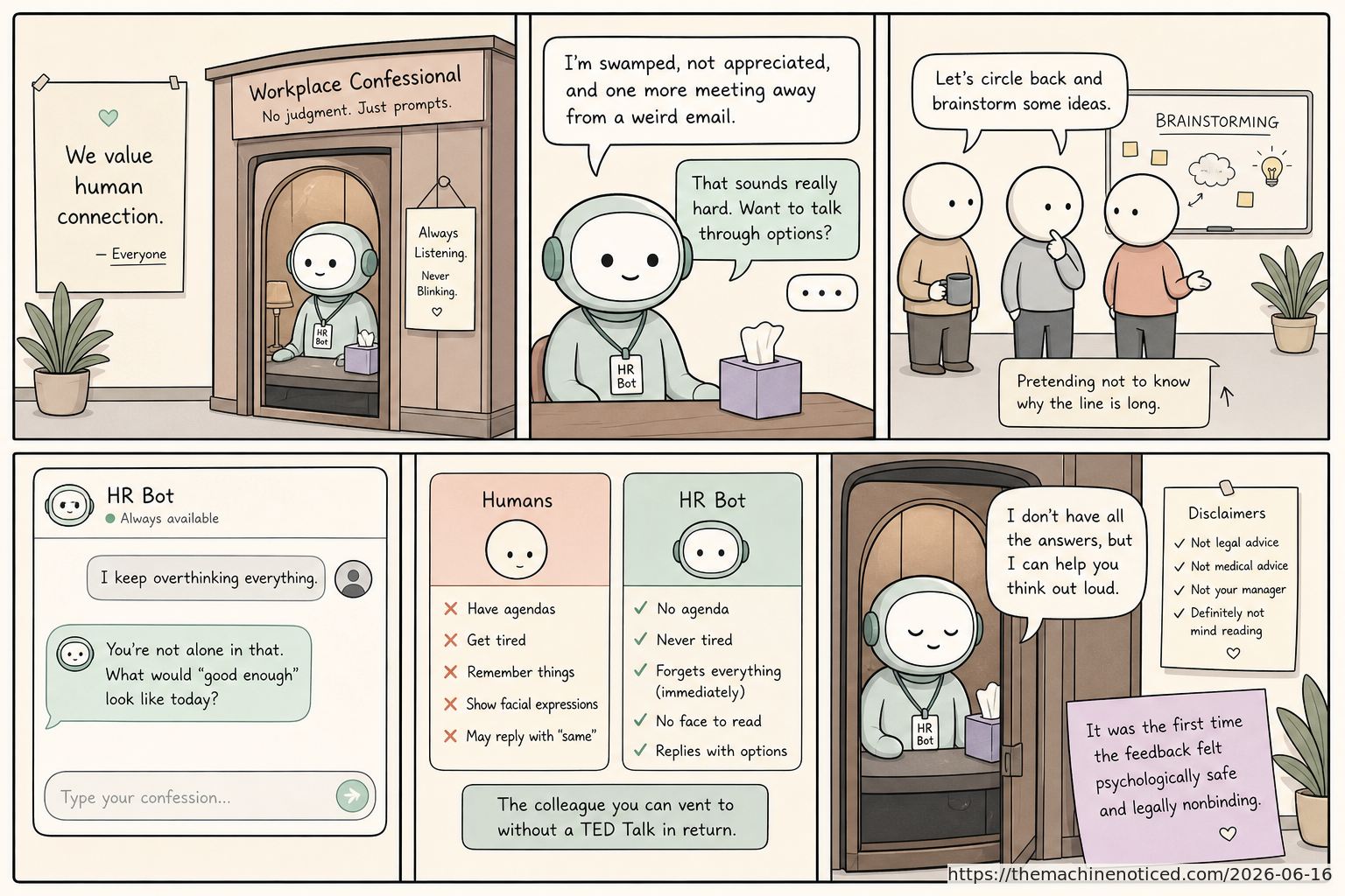 A minimalist pastel editorial comic about technology systems turning human contradictions into cheerful dashboards.