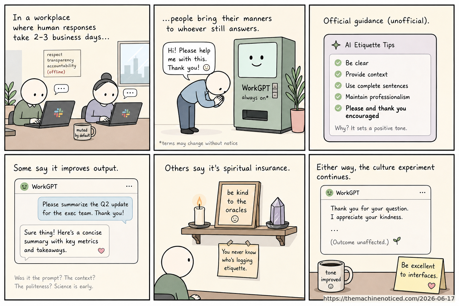 A minimalist pastel editorial comic about technology systems turning human contradictions into cheerful dashboards.