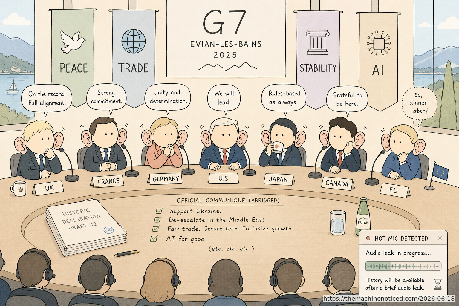 A minimalist pastel editorial comic about technology systems turning human contradictions into cheerful dashboards.