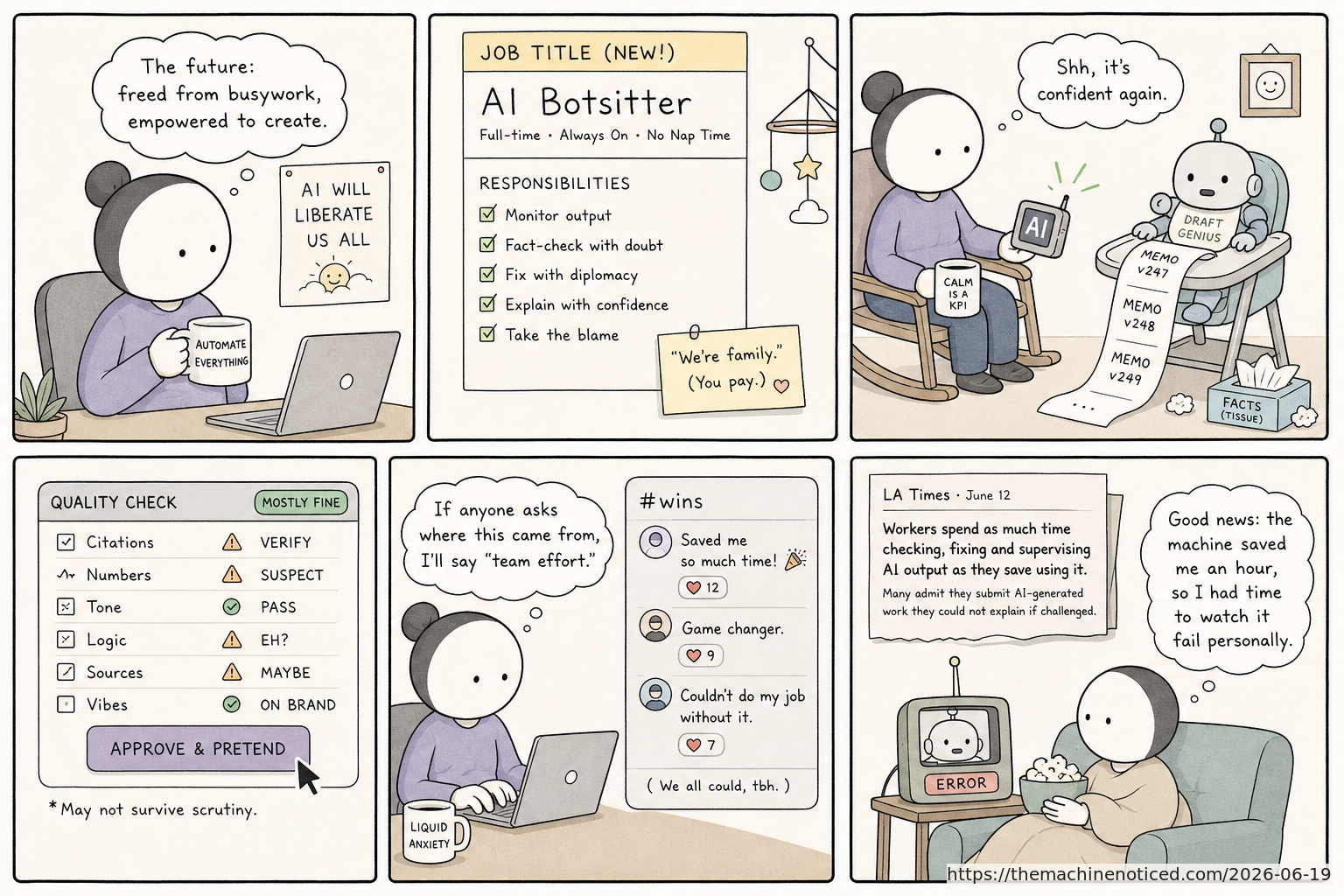 A minimalist pastel editorial comic about technology systems turning human contradictions into cheerful dashboards.