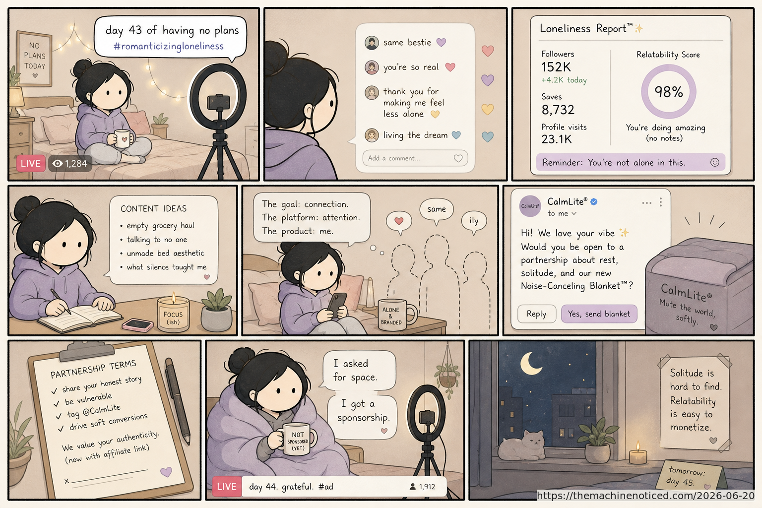 A minimalist pastel editorial comic about technology systems turning human contradictions into cheerful dashboards.