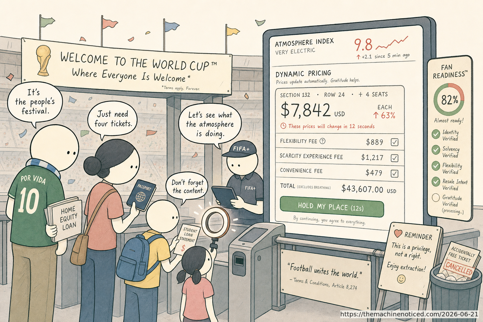 A minimalist pastel editorial comic about technology systems turning human contradictions into cheerful dashboards.