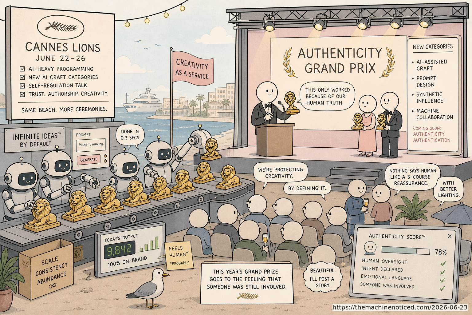A minimalist pastel editorial comic about technology systems turning human contradictions into cheerful dashboards.