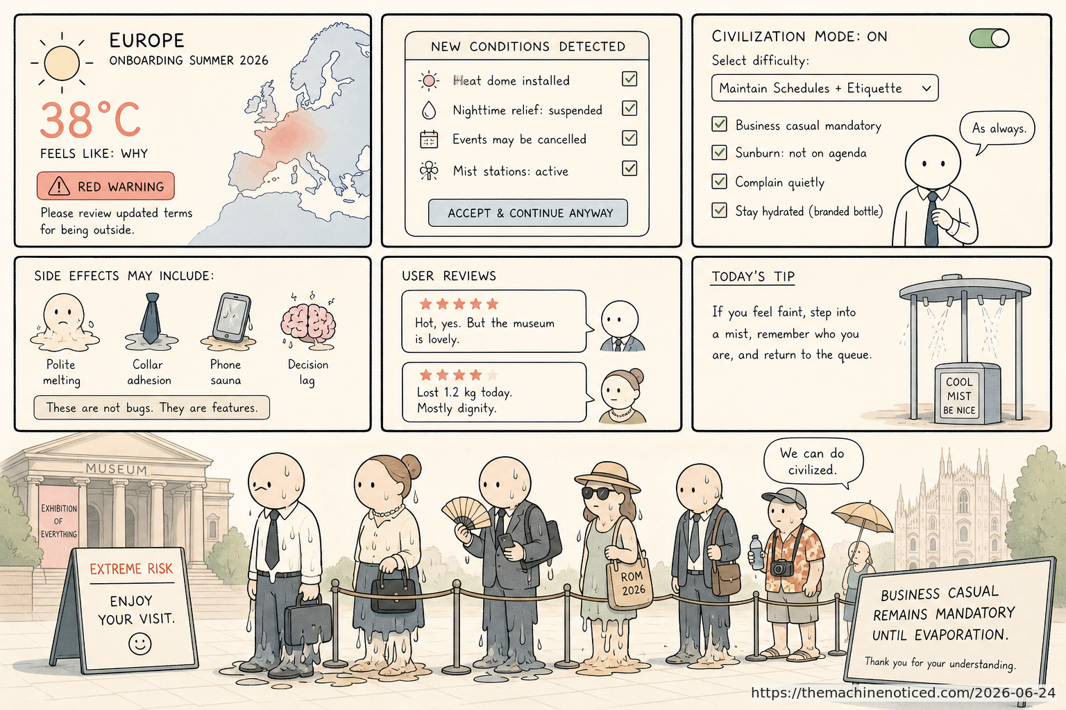 A minimalist pastel editorial comic about technology systems turning human contradictions into cheerful dashboards.