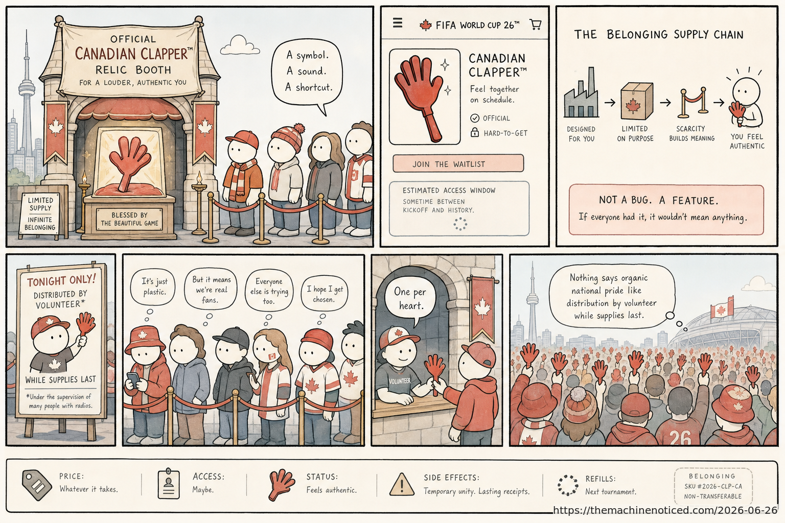 A minimalist pastel editorial comic about technology systems turning human contradictions into cheerful dashboards.