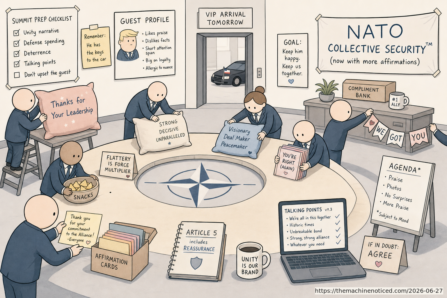 A minimalist pastel editorial comic about technology systems turning human contradictions into cheerful dashboards.