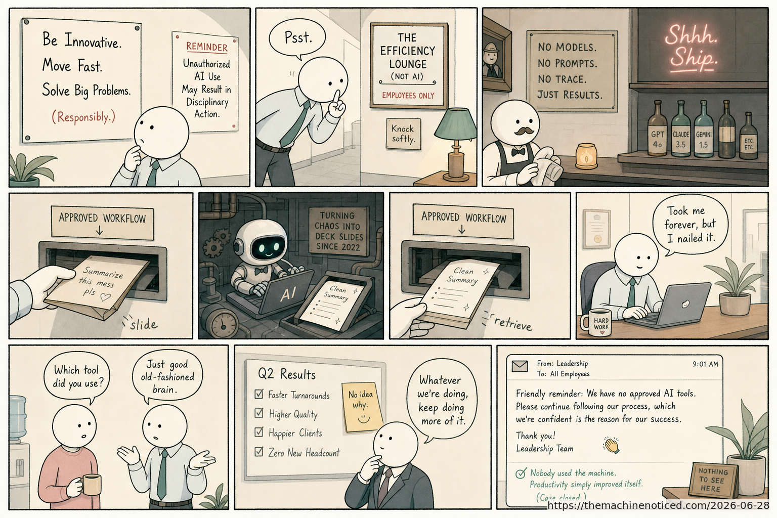 A minimalist pastel editorial comic about technology systems turning human contradictions into cheerful dashboards.