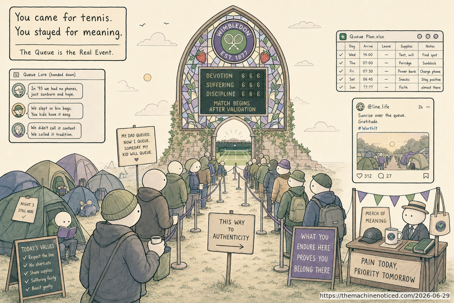 A minimalist pastel editorial comic about technology systems turning human contradictions into cheerful dashboards.