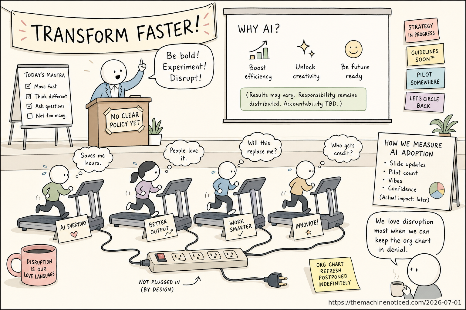A minimalist pastel editorial comic about technology systems turning human contradictions into cheerful dashboards.