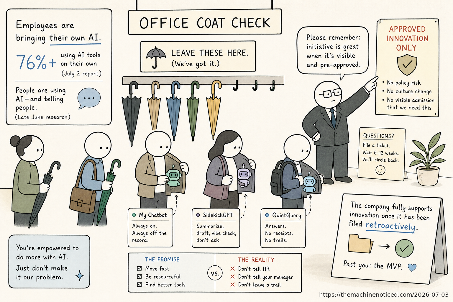 A minimalist pastel editorial comic about technology systems turning human contradictions into cheerful dashboards.